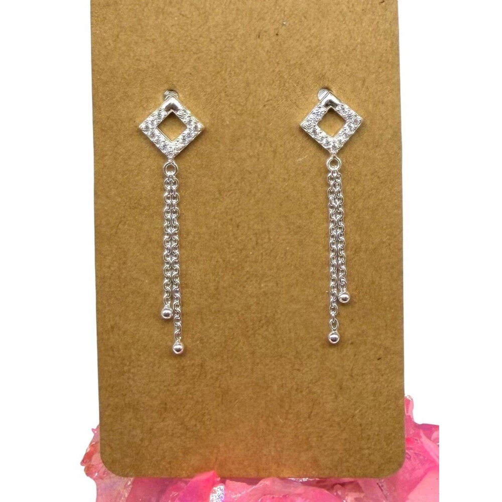 Cubic Zirconia CZ Solid 925 Sterling Silver Earrings Long Chain Dangle Drop